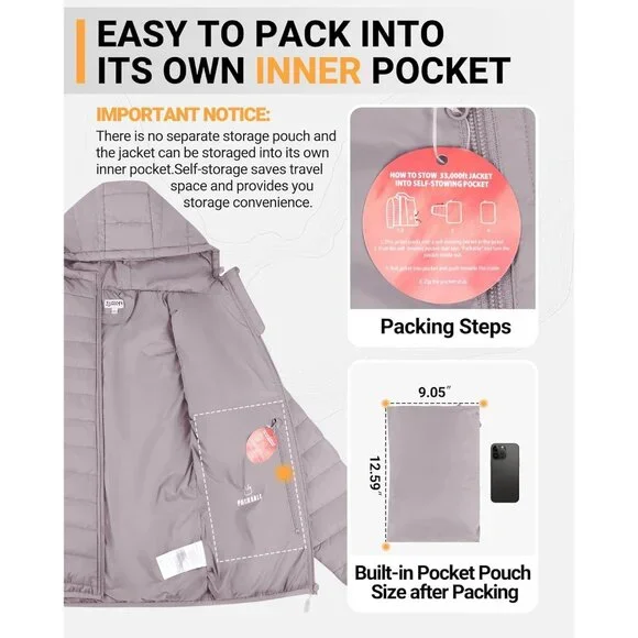 Women's Quilted Hooded Puffer Jacket Coat Pinkish Gray Lightweight Packable - Picture 5 of 7